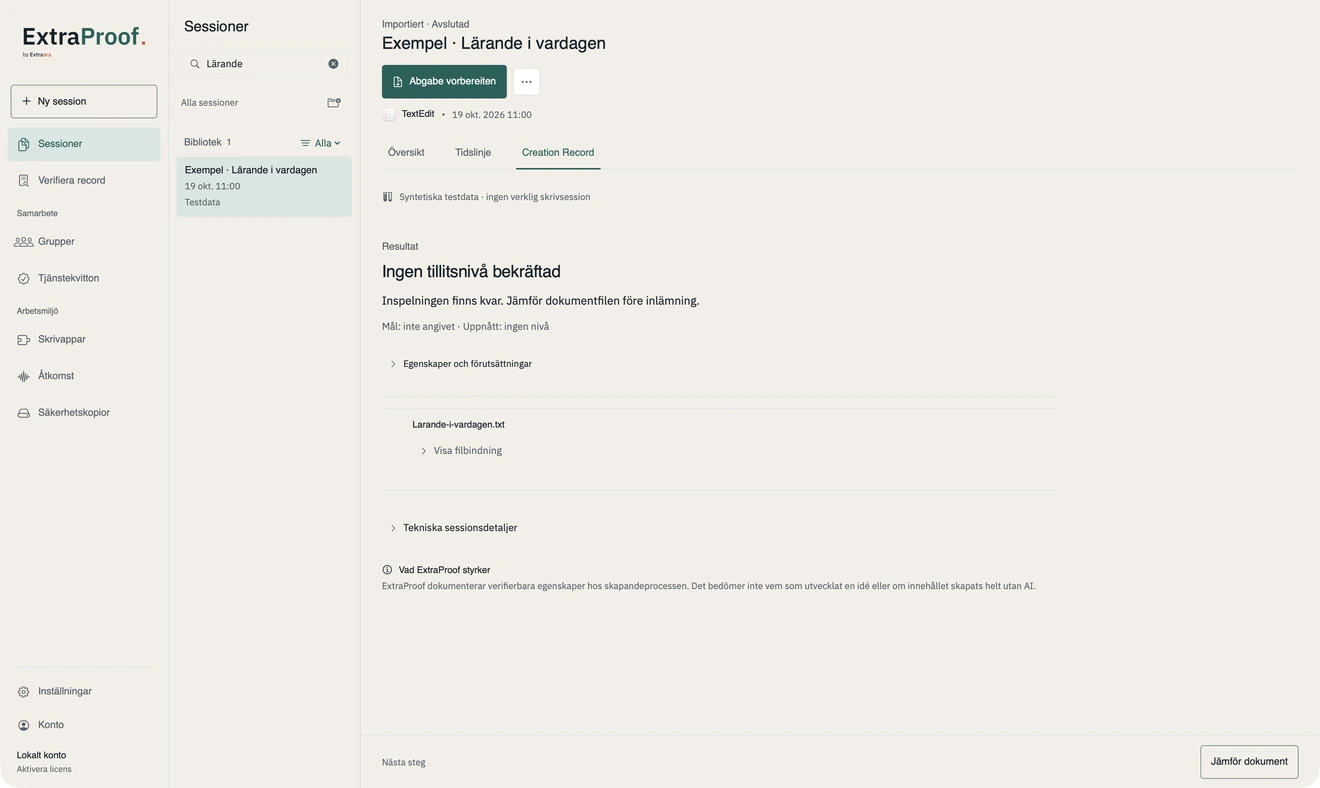 ExtraProof för macOS: skrivexemplets Creation Record med tillhörande fil och underlagets begränsningar.